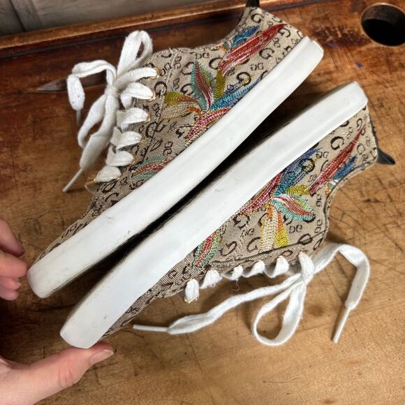 Guess Brown White Sneakers Colorful Embroidered Feather Design Women's 8 - Picture 9 of 13